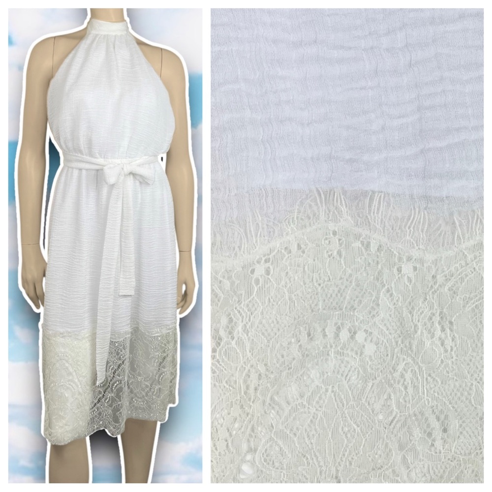 💜 BEBE Gauze Lace Hem Blouson Sheath Dress Coastal Beach Wedding Bride Angel
